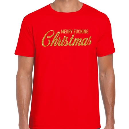 Fout kerstshirt Merry Fucking Christmas goud glitter rood her