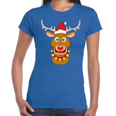 Merry Christmas t-shirt Santa + Rudolph blue for women