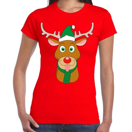 Foute Kerst t-shirt rendier Rudolf groene kerstmuts rood dames