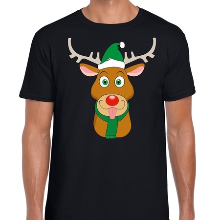 Foute Kerst t-shirt rendier Rudolf groene kerstmuts zwart heren