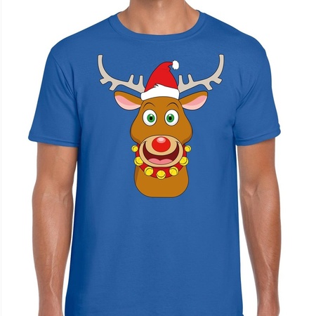 Foute Kerst t-shirt rendier Rudolf rode kerstmuts blauw heren