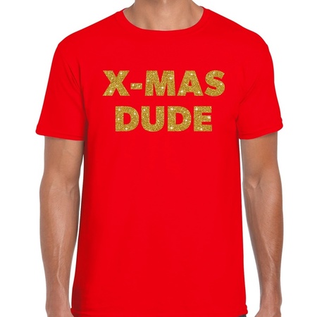 Christmas red t-shirt X-mas dude gold on red for men