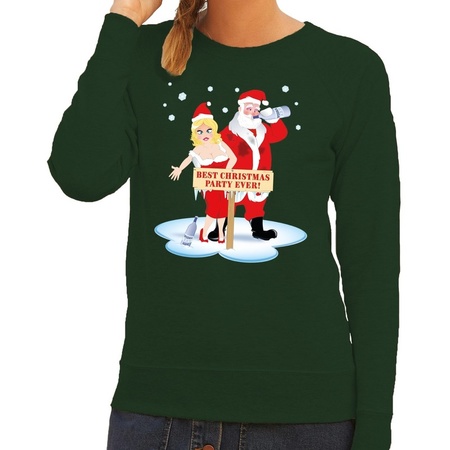 Christmas sweater drunk Santa + wife green woman