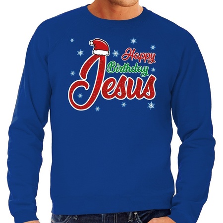Christmas sweater Happy Birthday Jesus blue for men