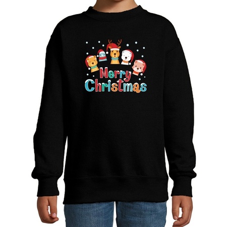 Foute kersttrui / sweater dieren Merry christmas zwart kids