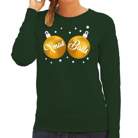 Foute kersttrui / sweater groen met gouden Xmas Balls voor dames