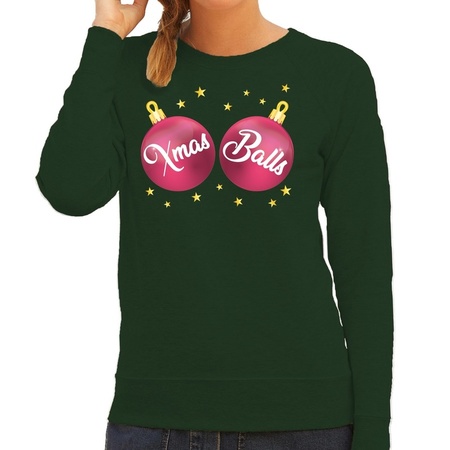 Foute kersttrui / sweater groen met roze Xmas Balls voor dames