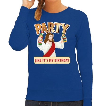 Foute kersttrui / sweater Party like its my birthday blauw dames