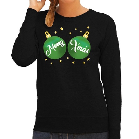 Foute kersttrui / sweater zwart met groene Merry Xmas dames 