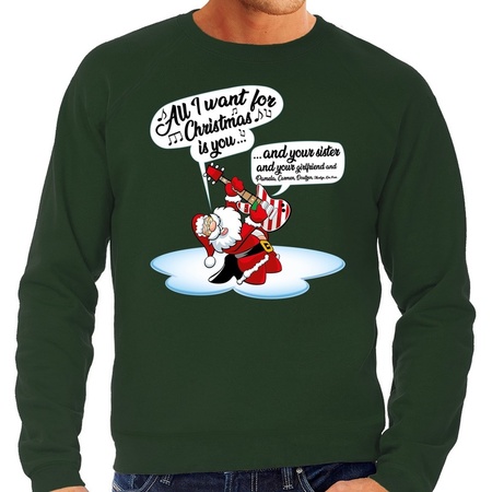 Christmas sweater singing santa with guitar green for men