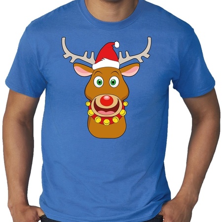 Grote maten fout Kerst shirt Rudolf het rendier blauw heren