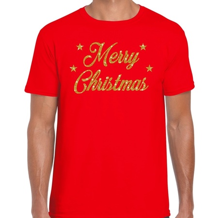 Red Christmas t-shirt Merry Christmas gold for men