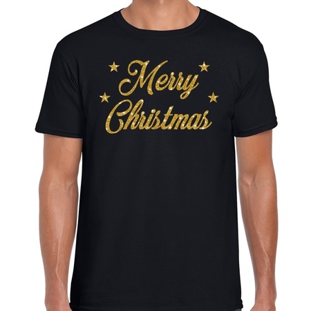Kerst shirt Merry Christmas gouden glitter letters zwart heren