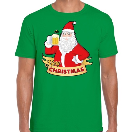 Kerst shirt merry christmas Santa bier / proost groen heren