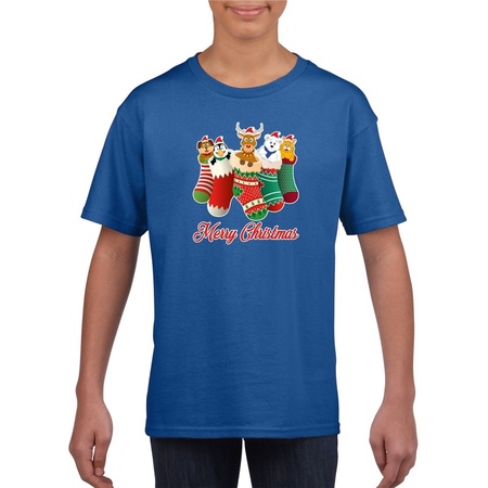 Kerst t-shirt Merry Christmas dieren kerstsokken blauw kids