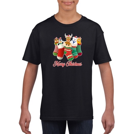 Kerst t-shirt Merry Christmas dieren kerstsokken zwart kids