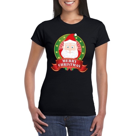 Kerst t-shirt met Kerstman zwart Merry Christmas voor dames