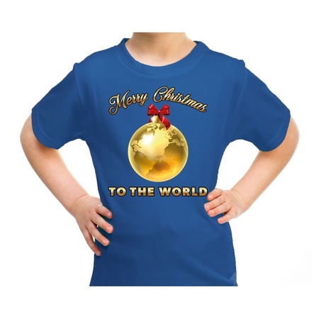 Kerst t-shirt voor kinderen - Merry Christmas - wereld - blauw