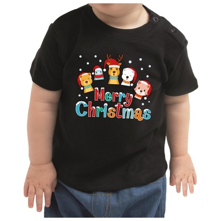 Kerstshirt Merry Christmas diertjes zwart baby jongen/meisje