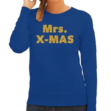 Kersttrui Mrs. x-mas gouden glitter letters blauw dames