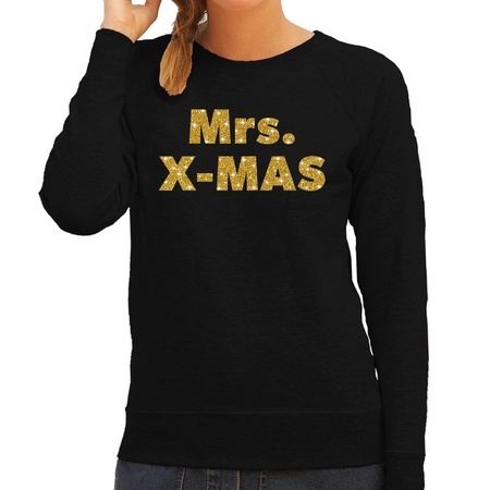 Kersttrui Mrs. x-mas gouden glitter letters zwart dames